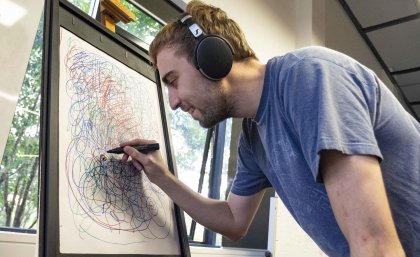 Student Luke Giuseppin working on 'Chroma' for the exhibit.